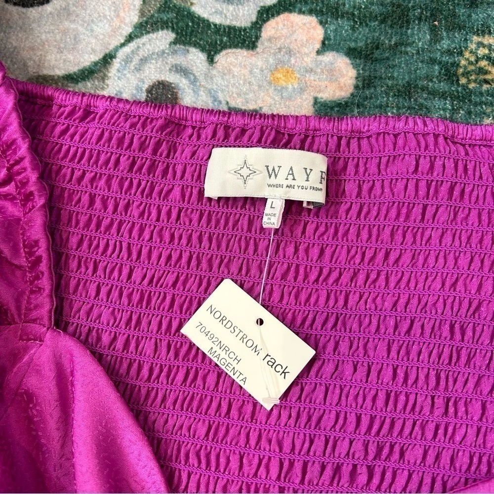 WAYF Blouse Large pink ruffle Sweetheart notch peplum Puff Sleeve Top NWT - Picture 3 of 14
